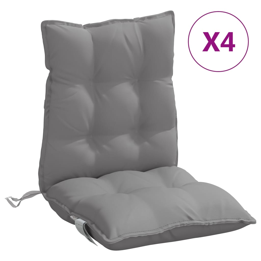 Set of four gray Oxford fabric lowback chair cushions with tufted design.