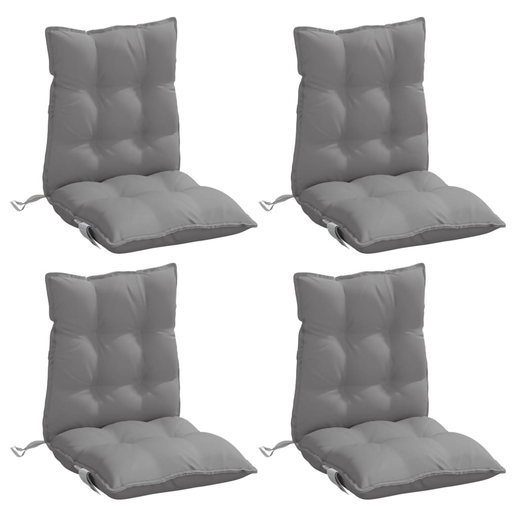 Set of four gray Oxford fabric lowback chair cushions with tufted design and straps.