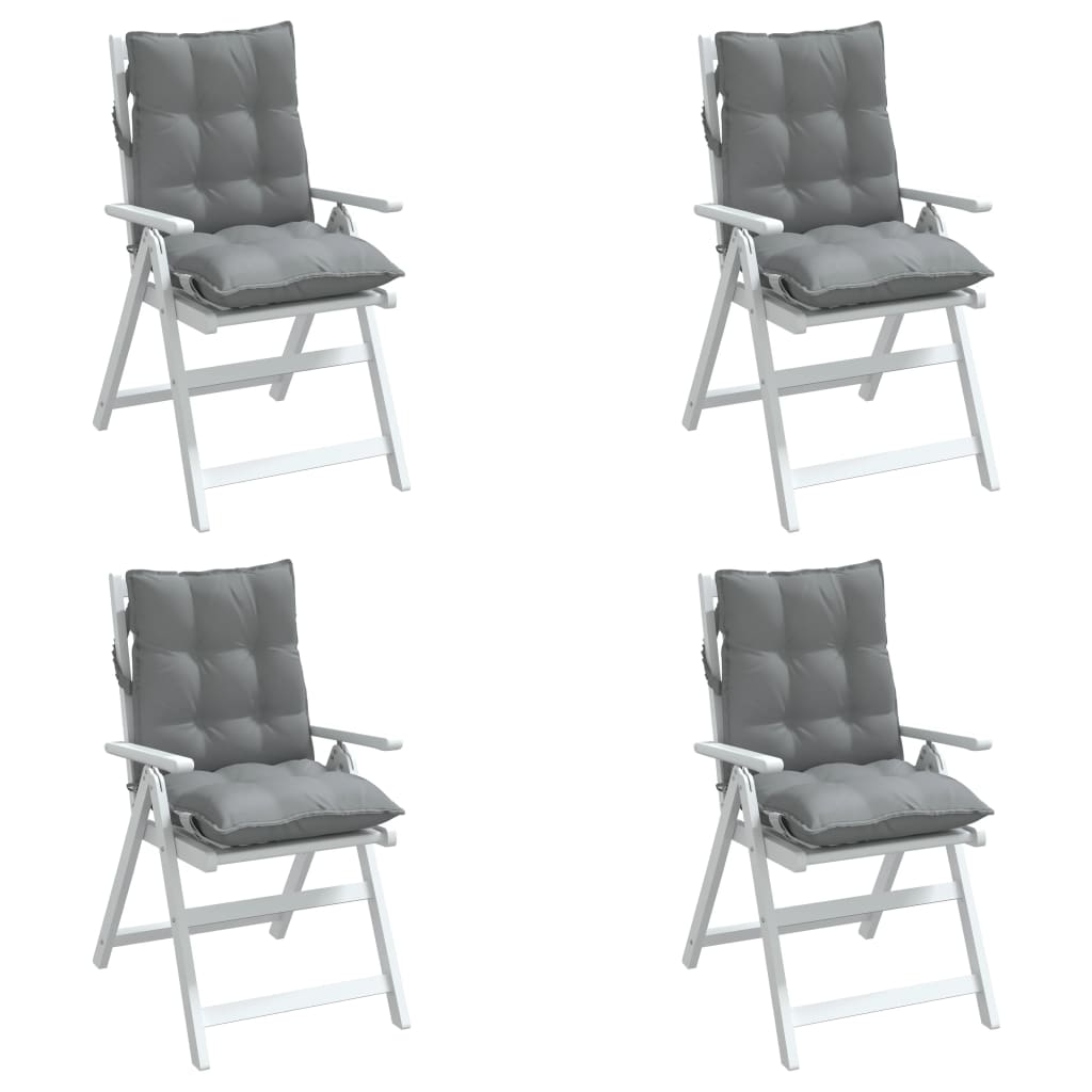 Four gray Oxford fabric cushions for lowback chairs, shown on white folding chairs.