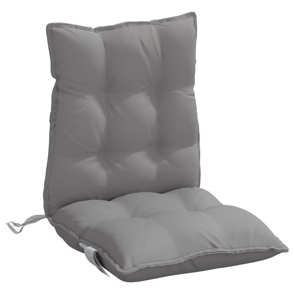 Gray Oxford fabric lowback chair cushions with tufted padding, sold in a 4-pack.