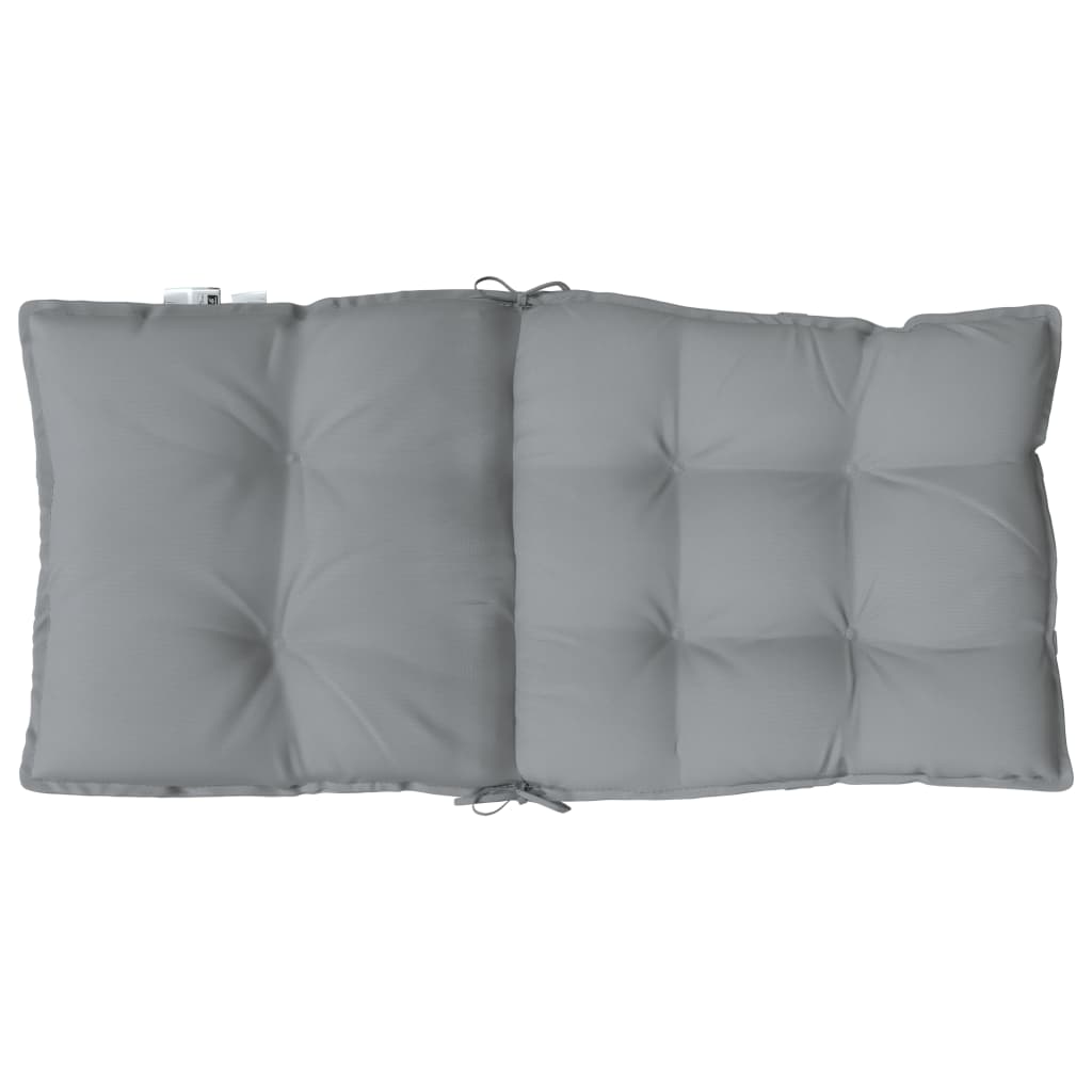 Four gray Oxford fabric lowback chair cushions with tufted padding and straps.