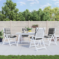 Four gray Oxford fabric cushions for lowback chairs, shown on white patio chairs.