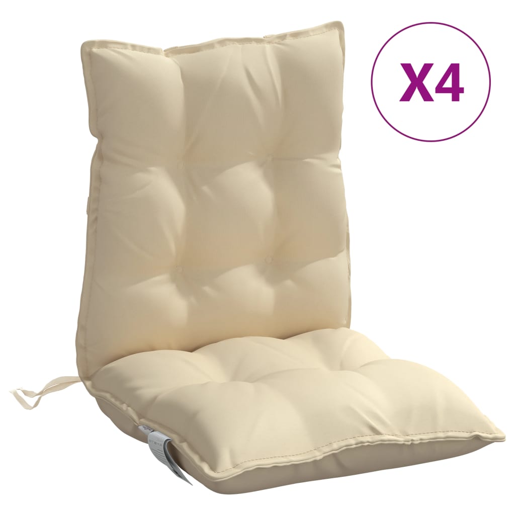 Four beige Oxford fabric lowback chair cushions with tufted padding and straps.