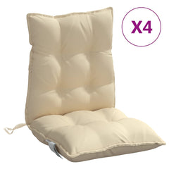 Four beige Oxford fabric lowback chair cushions with tufted padding and straps.