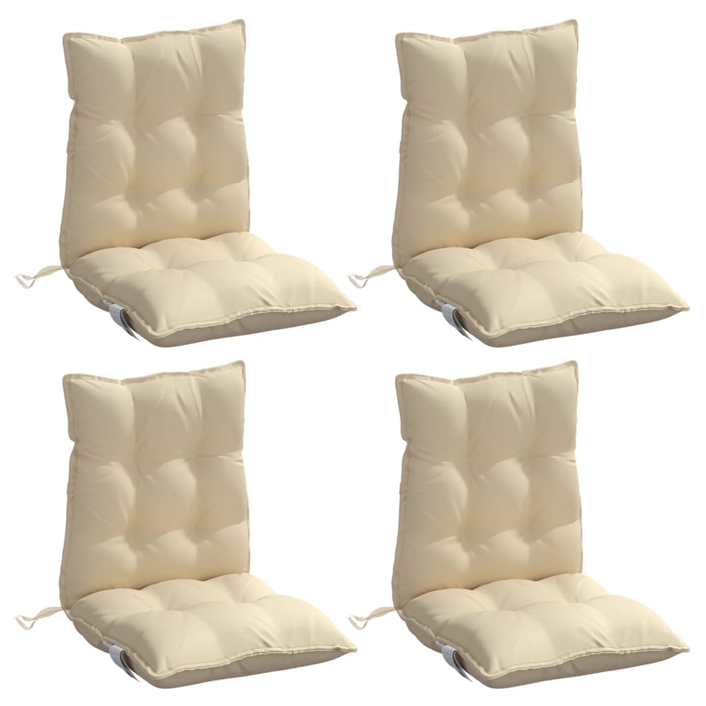 Four beige Oxford fabric lowback chair cushions with tufted design and ties.