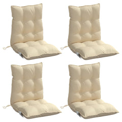 Four beige Oxford fabric lowback chair cushions with tufted design and ties.