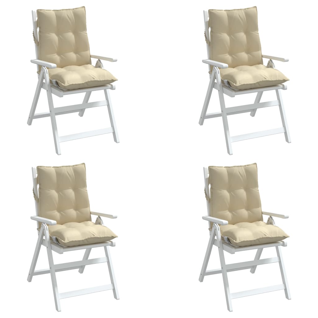 Set of four beige Oxford fabric cushions for lowback chairs with ties and soft filling.