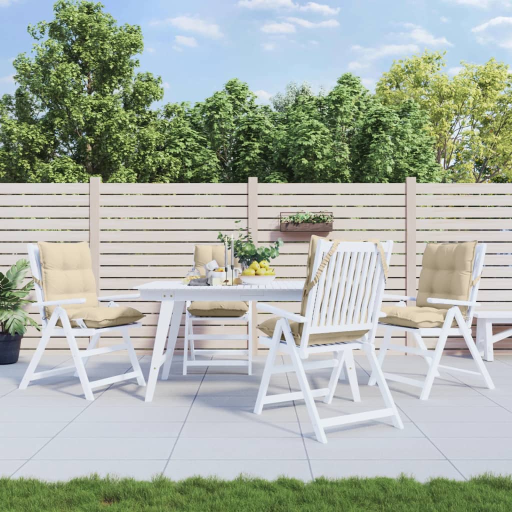 Set of four beige Oxford fabric lowback chair cushions with straps for outdoor use.