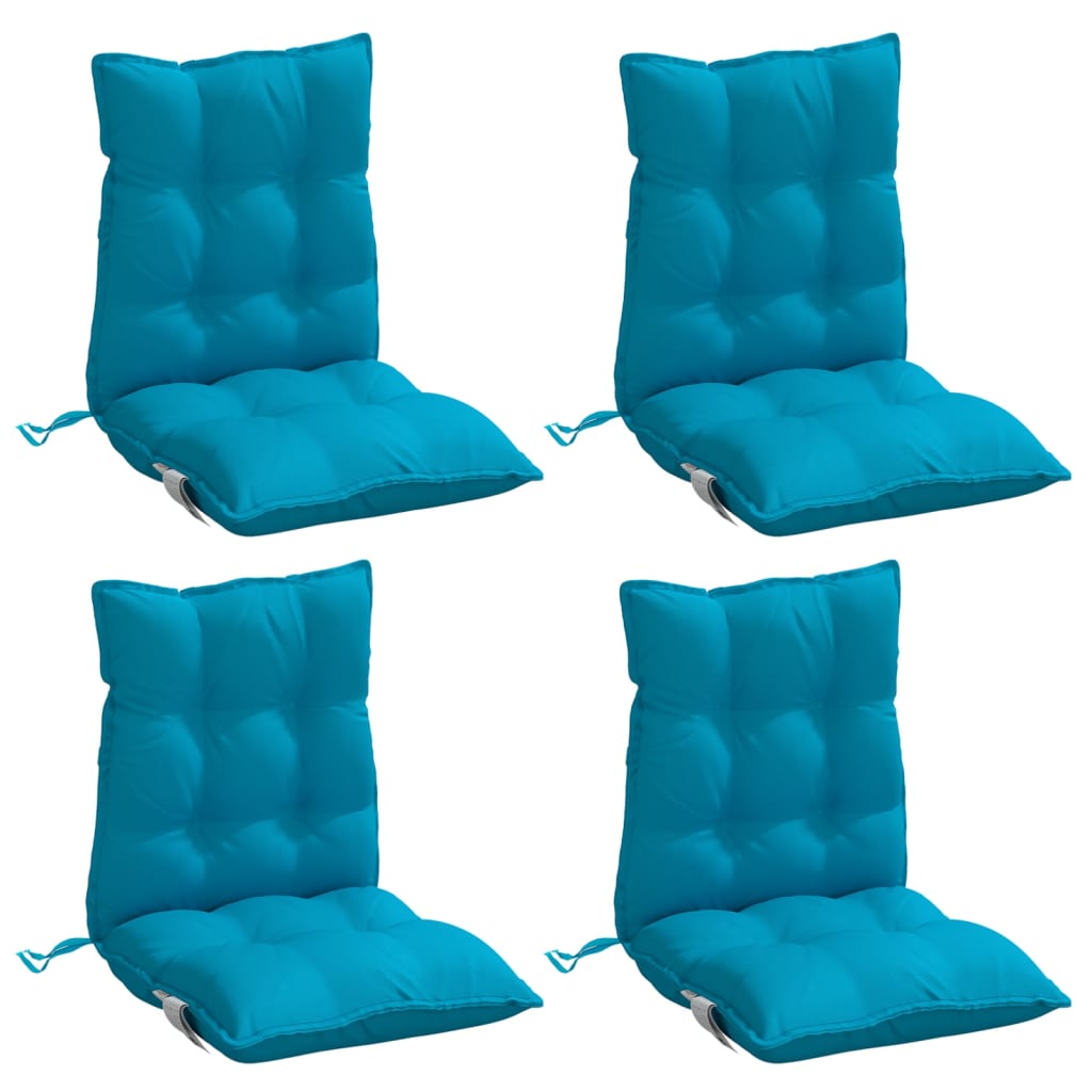 Four light blue Oxford fabric lowback chair cushions with tufted design and ties.