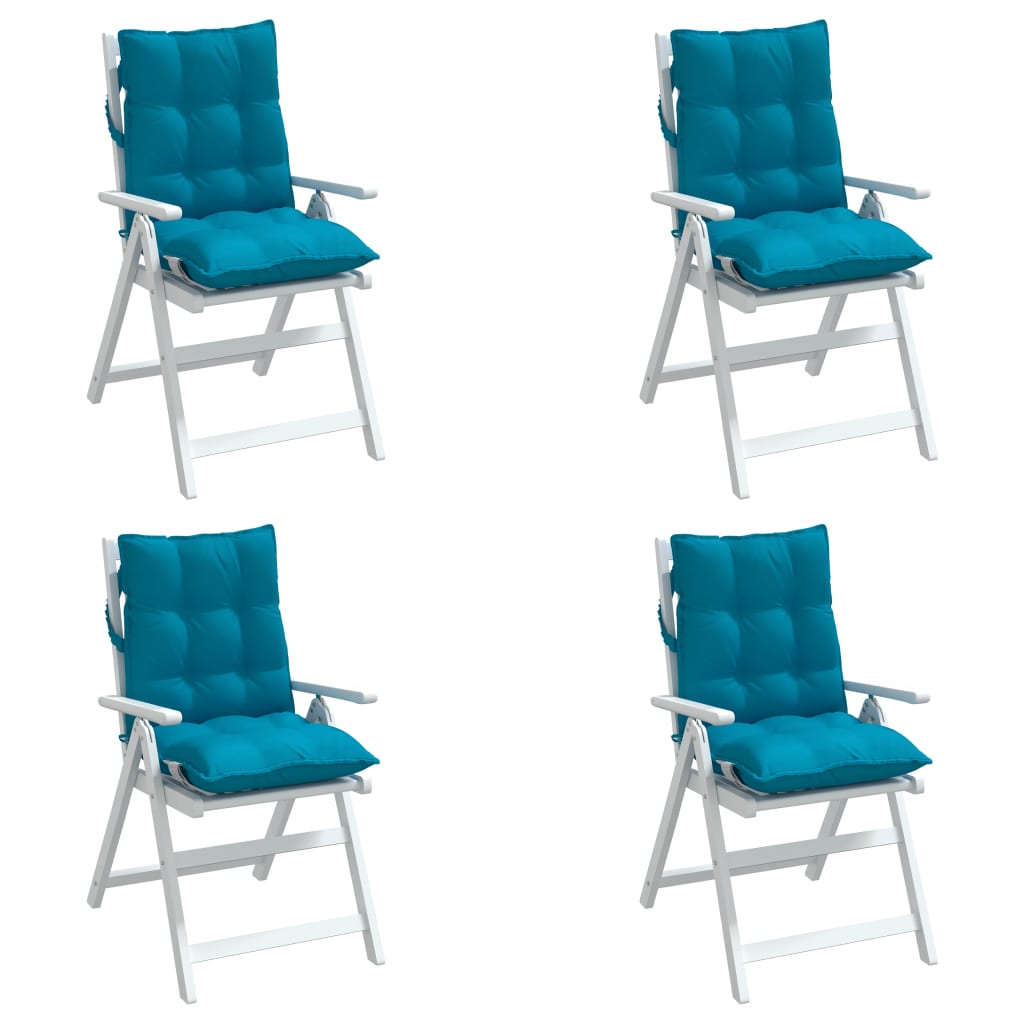 Set of four light blue Oxford fabric cushions for lowback chairs with straps and padding.