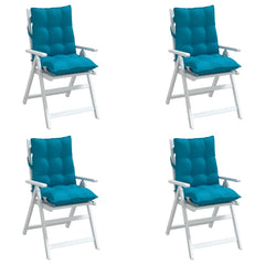 Set of four light blue Oxford fabric cushions for lowback chairs with straps and padding.