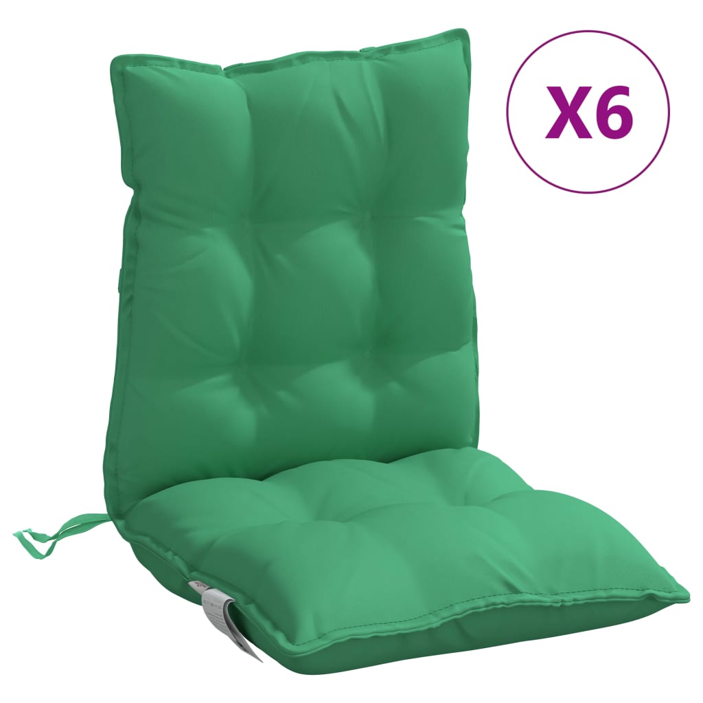 Six green Oxford fabric lowback chair cushions with ties, shown as a pack.