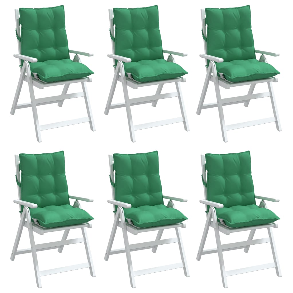 Six green Oxford fabric lowback chair cushions with ties, shown on white folding chairs.