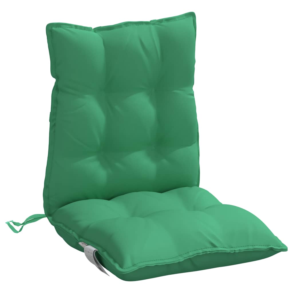 Six green Oxford fabric lowback chair cushions with tufted padding and ties.