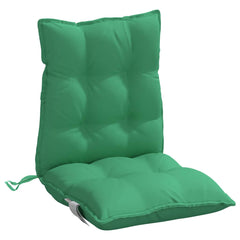 Six green Oxford fabric lowback chair cushions with tufted padding and ties.