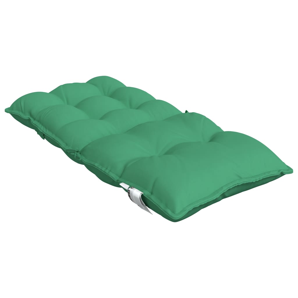 Six green Oxford fabric lowback chair cushions with ties, viewed stacked.