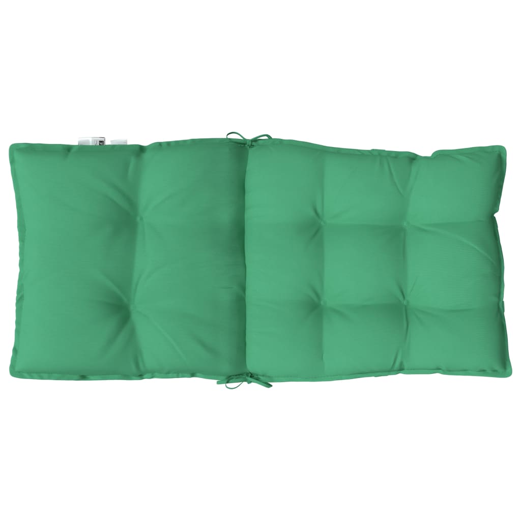Six green Oxford fabric lowback chair cushions with ties, shown folded.