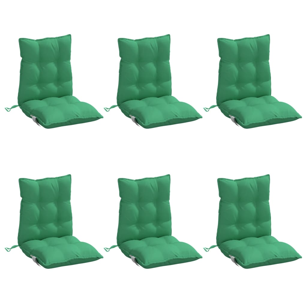 Six green Oxford fabric lowback chair cushions with ties, shown from multiple angles.