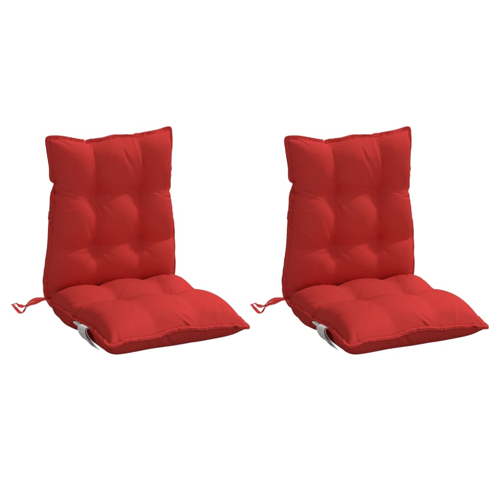 Two red Oxford fabric lowback chair cushions with tufted seats and ties.