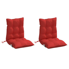Two red Oxford fabric lowback chair cushions with tufted seats and ties.