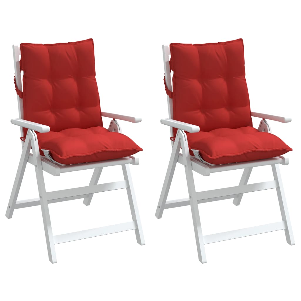 Two red Oxford fabric lowback chair cushions with tufted design and straps, 2 pack.