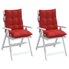 Two red Oxford fabric lowback chair cushions with tufted design and straps, 2 pack.