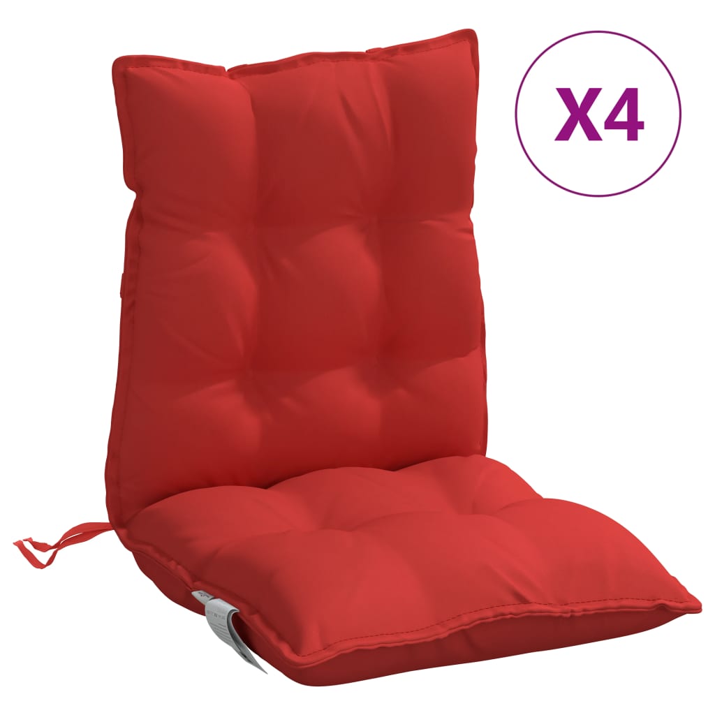 Four red Oxford fabric lowback chair cushions with tufted design and straps.