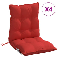 Four red Oxford fabric lowback chair cushions with tufted design and straps.