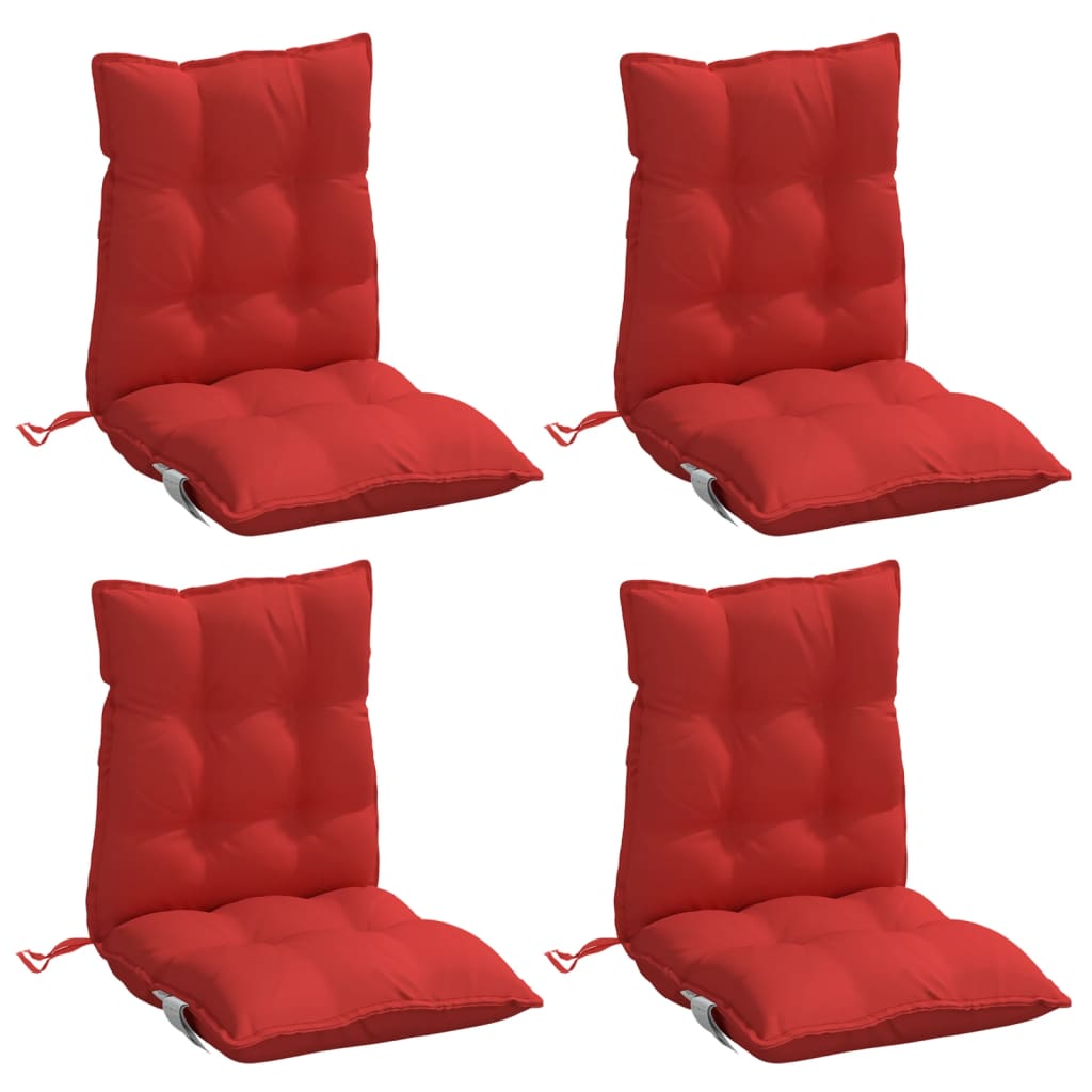 Set of four red Oxford fabric lowback chair cushions with tufted design and straps.