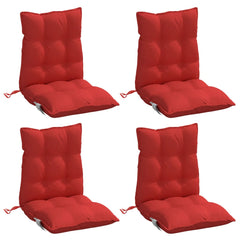 Set of four red Oxford fabric lowback chair cushions with tufted design and straps.