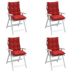 Four red Oxford fabric cushions for lowback chairs, shown on white folding chairs.