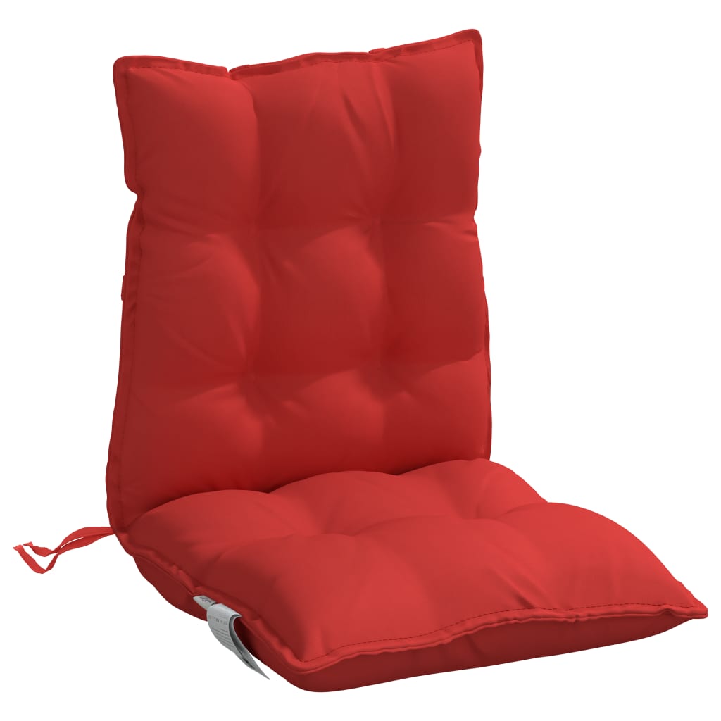 Red Oxford fabric lowback chair cushion with tufted design and straps.