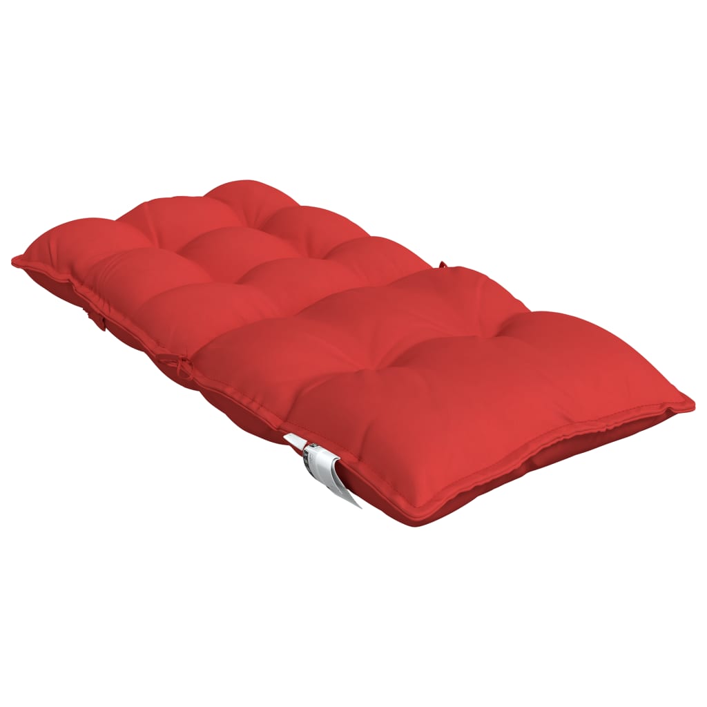 Set of four red Oxford fabric lowback chair cushions with tufted design and straps.