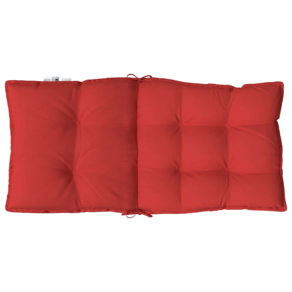 Red Oxford fabric lowback chair cushions in a 4-pack, showing tufted design and ties.