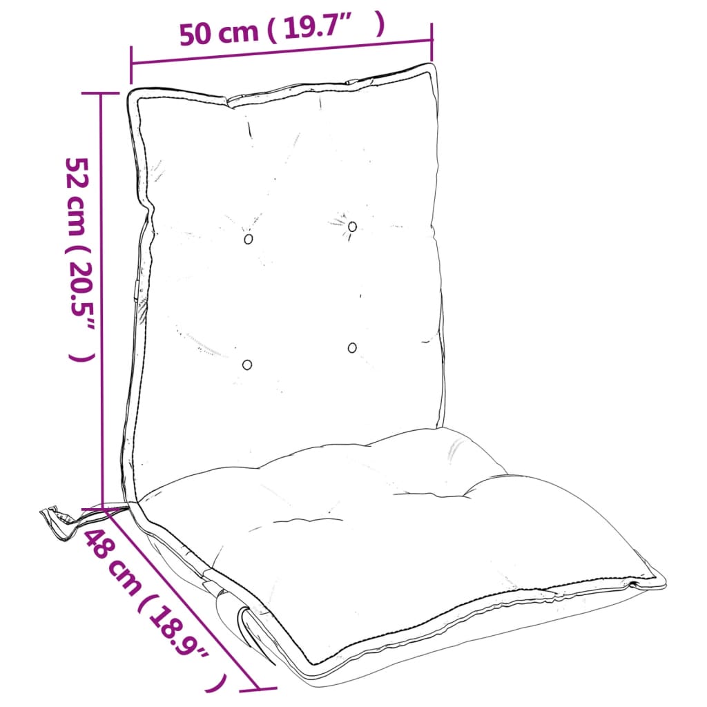 Red Oxford fabric lowback chair cushions, 52cm high and 50cm wide, shown with dimensions.