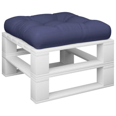 Navy blue polyester pallet cushion, 19.7x19.7x4.7 inches, on white pallet frame.