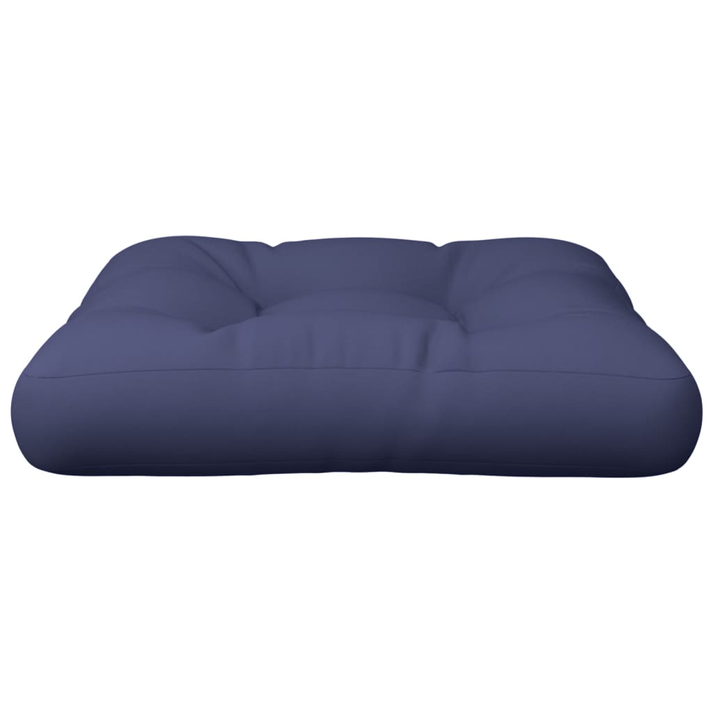 Navy blue polyester pallet cushion, 19.7x19.7x4.7 inches, with tufted design.