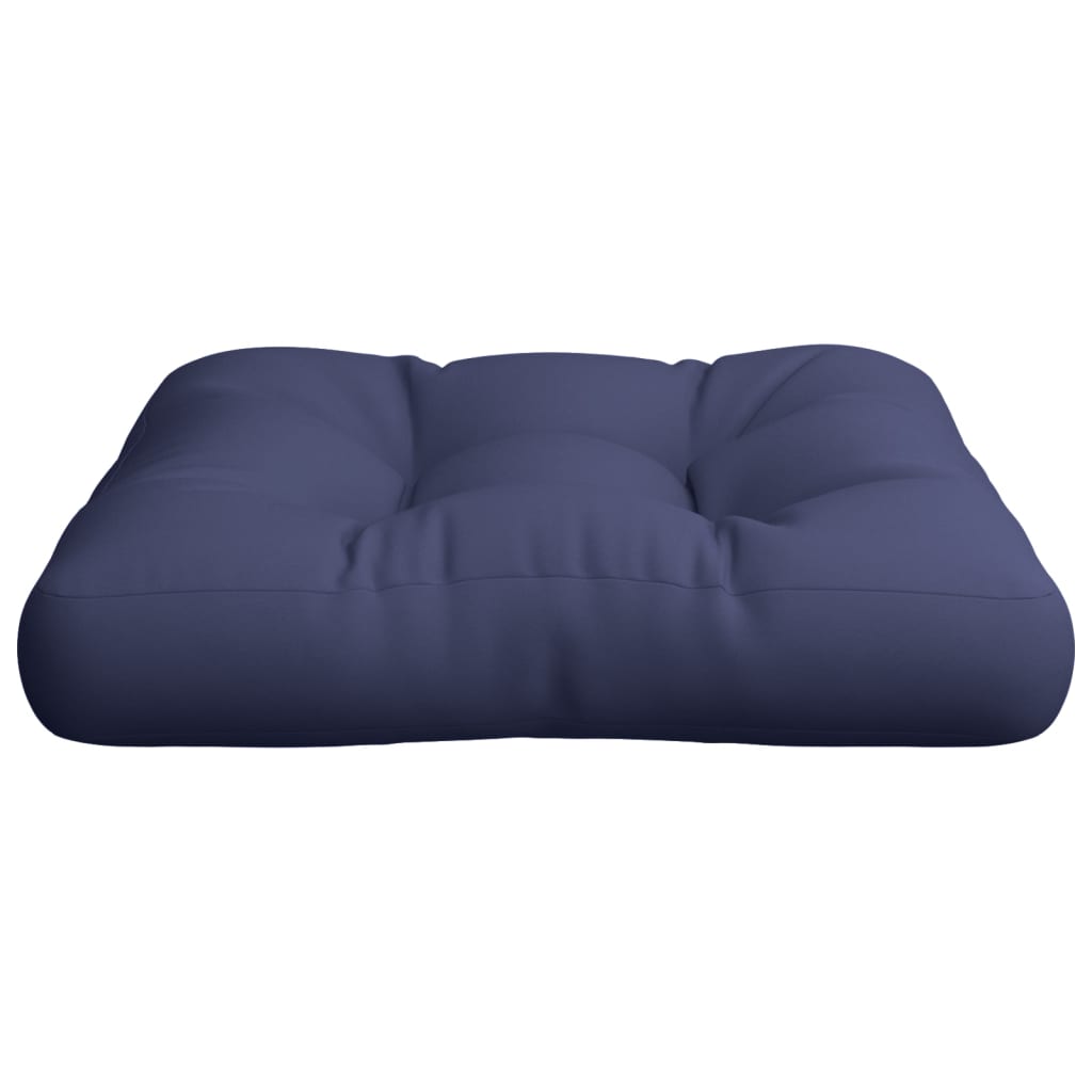 Navy blue polyester pallet cushion with tufted design, measuring 19.7x19.7x4.7 inches.
