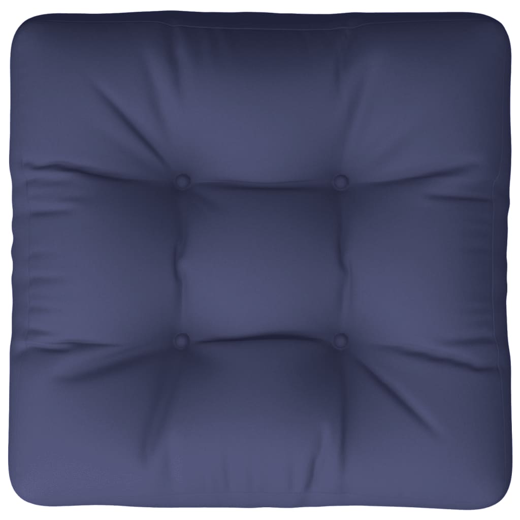 Square navy blue polyester pallet cushion with tufted design, 19.7x19.7x4.7 inches.