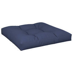 Navy blue outdoor pallet cushion with 31.5-inch square shape and thick, soft filling.