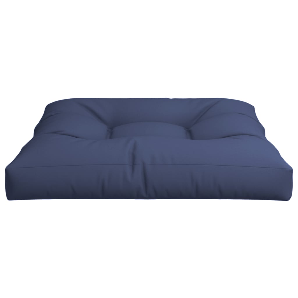 A navy blue tufted outdoor pallet cushion made of polyester fabric.
