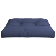 A navy blue tufted outdoor pallet cushion made of polyester fabric.