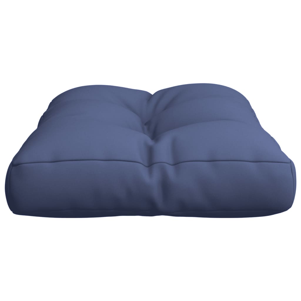 Navy blue pallet cushion made of water-resistant polyester fabric for outdoor use.