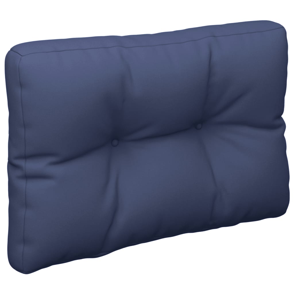 Navy blue pallet cushion made of water-resistant polyester fabric, 23.6 x 15.7 x 4.7 inches.