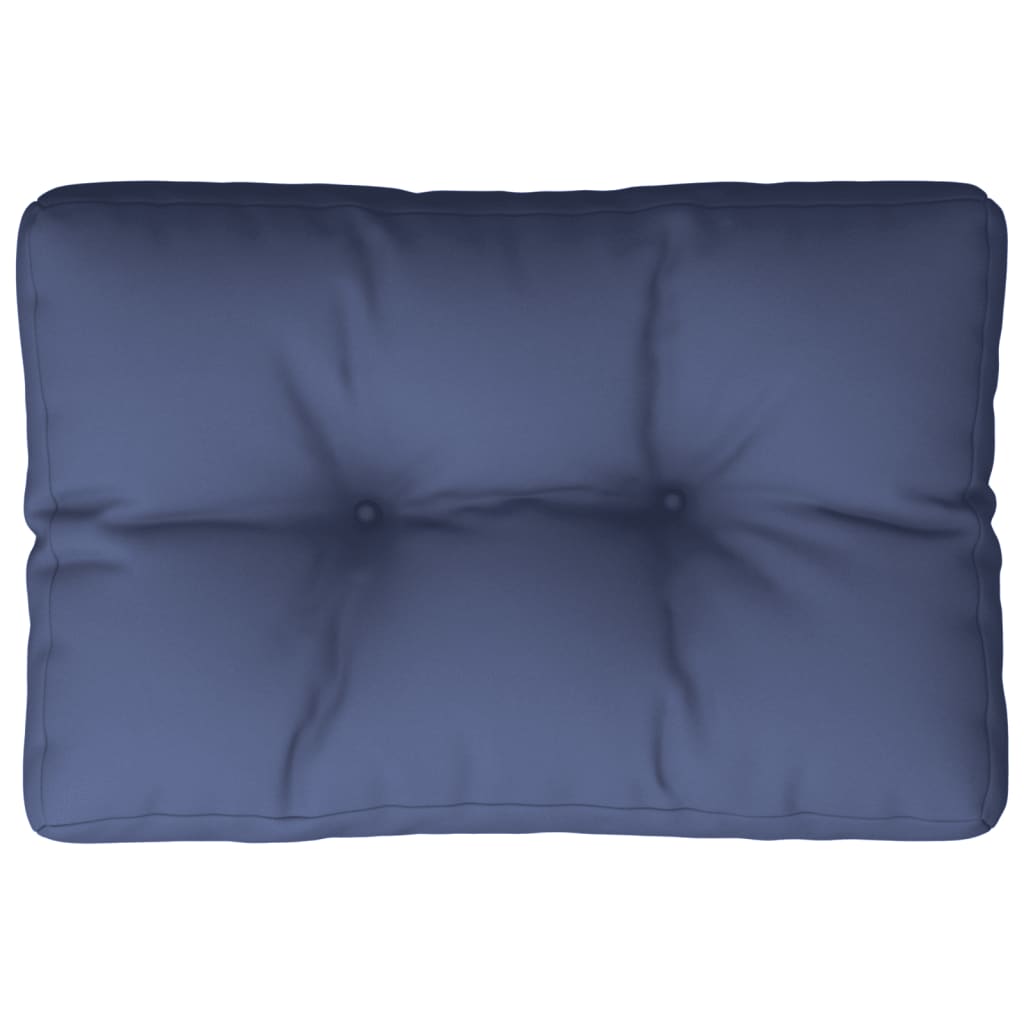 Navy blue pallet cushion made of water-resistant polyester, 23.6 x 15.7 x 4.7 inches.