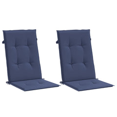Two navy blue polyester highback chair cushions with straps, shown side by side.