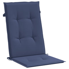 Two navy blue polyester highback chair cushions with tufted design and securing straps.