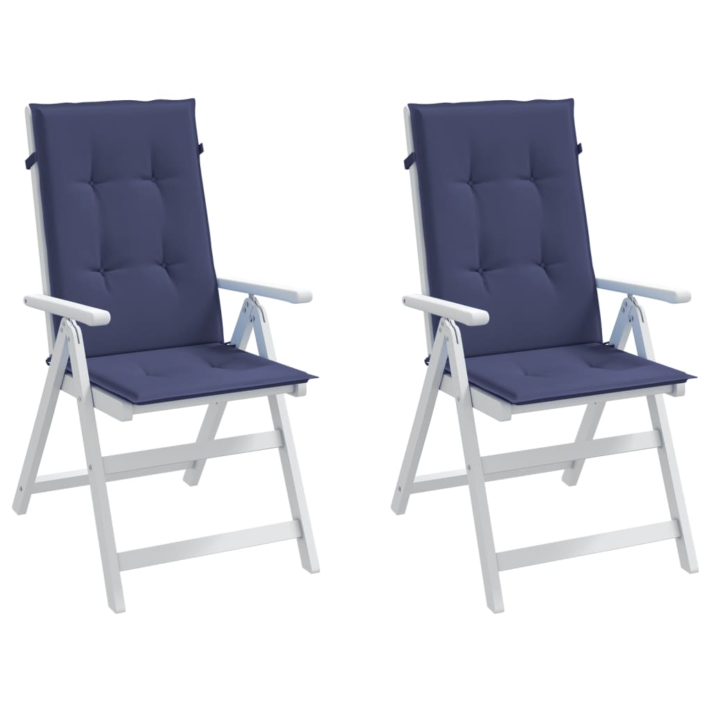 Two navy blue polyester highback chair cushions with straps, 2-pack.