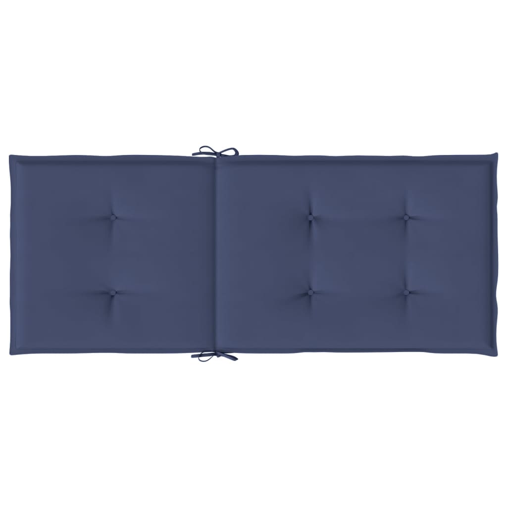 Two navy blue polyester highback chair cushions with tufted design and tie straps.