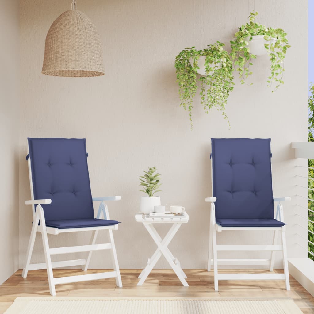 Two navy blue polyester highback chair cushions with straps for outdoor use
